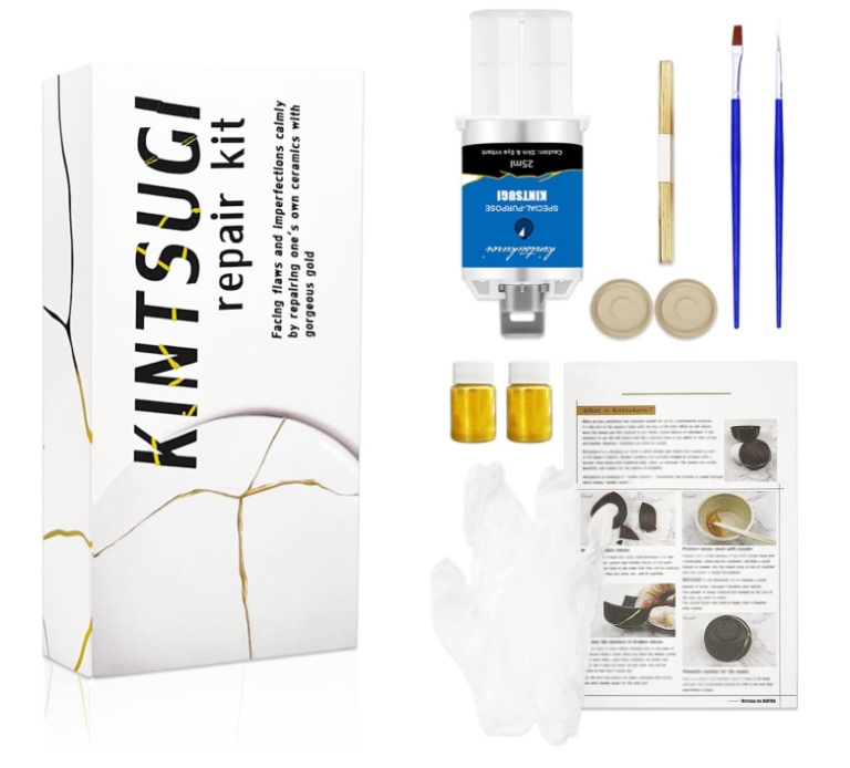 DIY Kintsugi repair kit sold on Amazon, featuring gold powder, lacquer, and tools for practicing the art of Kintsugi at home