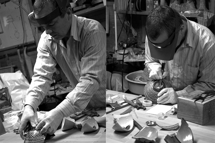 Dave Pike, a talented Kintsugi artist, demonstrating the intricate process of repairing pottery with gold, embracing the beauty of restoration and imperfection